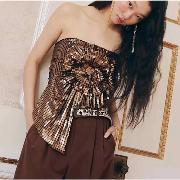 Free People Sequin Rosette Tube Top Gold Metallic Strapless Size M Party Club - Picture 1 of 9